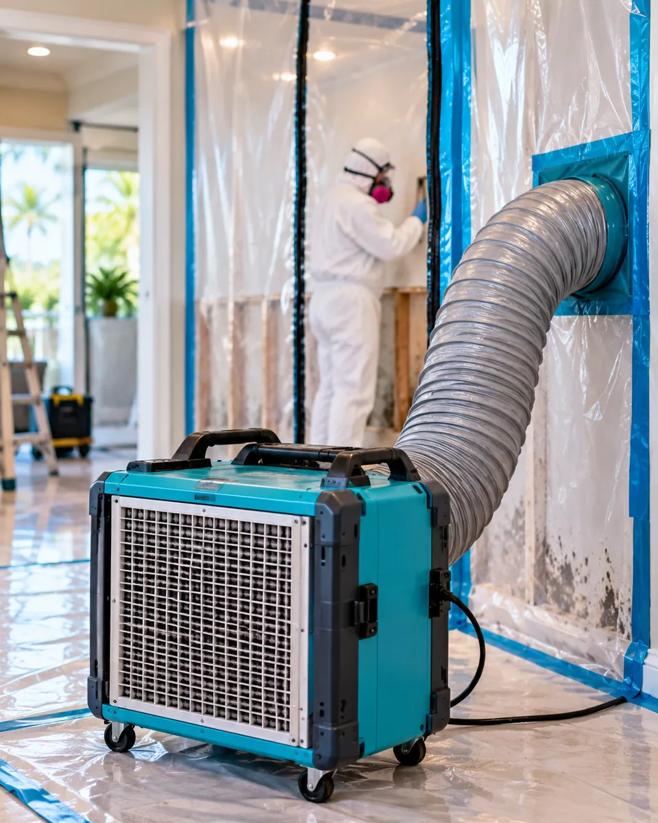 HEPA air scrubber and containment during mold remediation in Riviera Beach