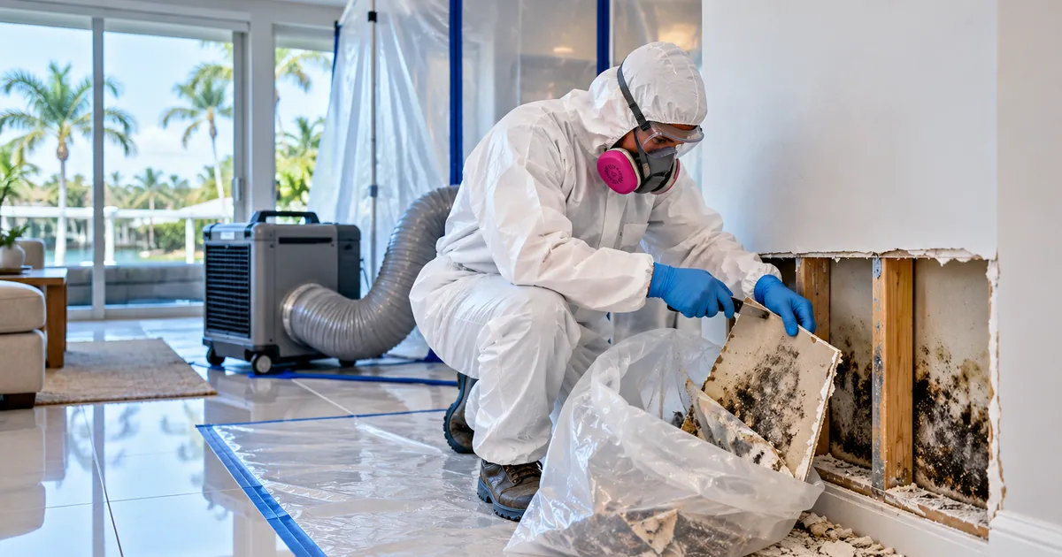 Seasonal-Home Mold Removal in Riviera Beach, FL — technician removing mold under containment